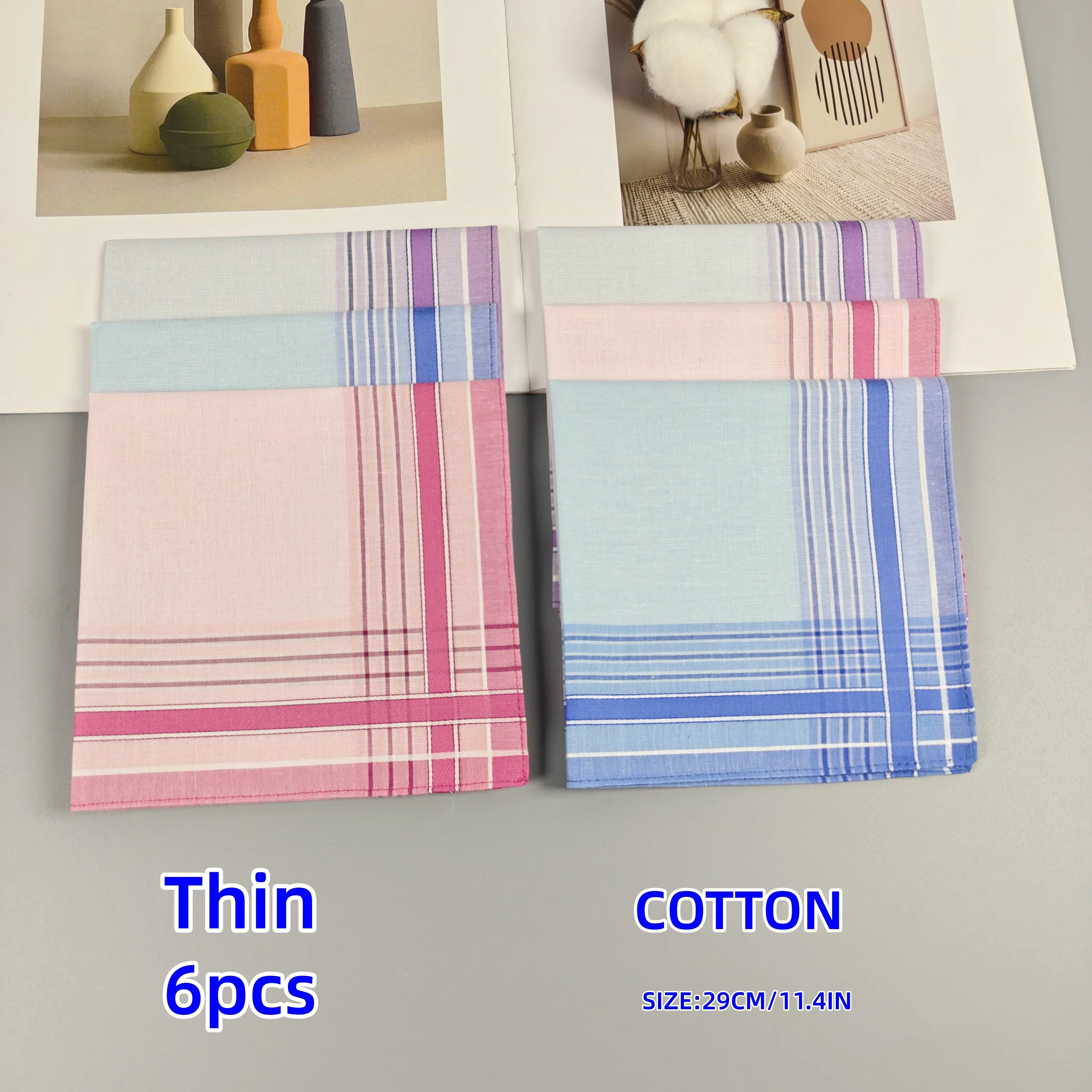 Thin Feel 29cm/11.4-inch Cotton Fresh Striped Series Small Handkerchief Fashionable Decoration Soft and Sweat Absorbing 3-6PCS