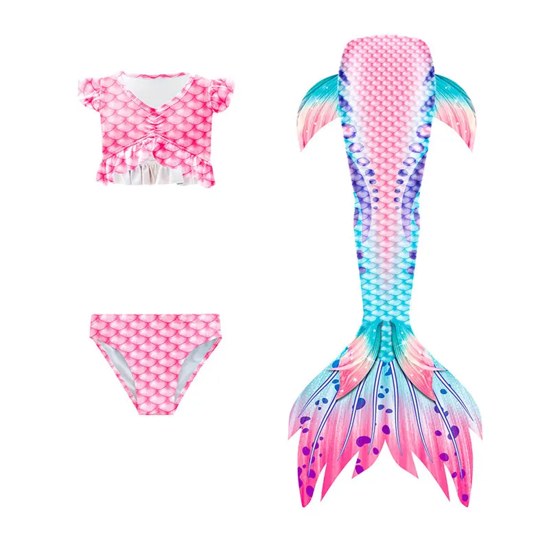 3-12 Years Girls Swimming Mermaid Tail Bikini Bathing Suit Flippers Head Garland Children Mermaid Beach Swimsuit Cosplay