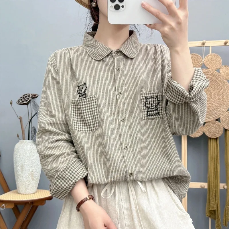 

Women's Striped Cotton Shirt, Cat Embroidery Plaid Patch Pocket Long Sleeve Casual Blouse