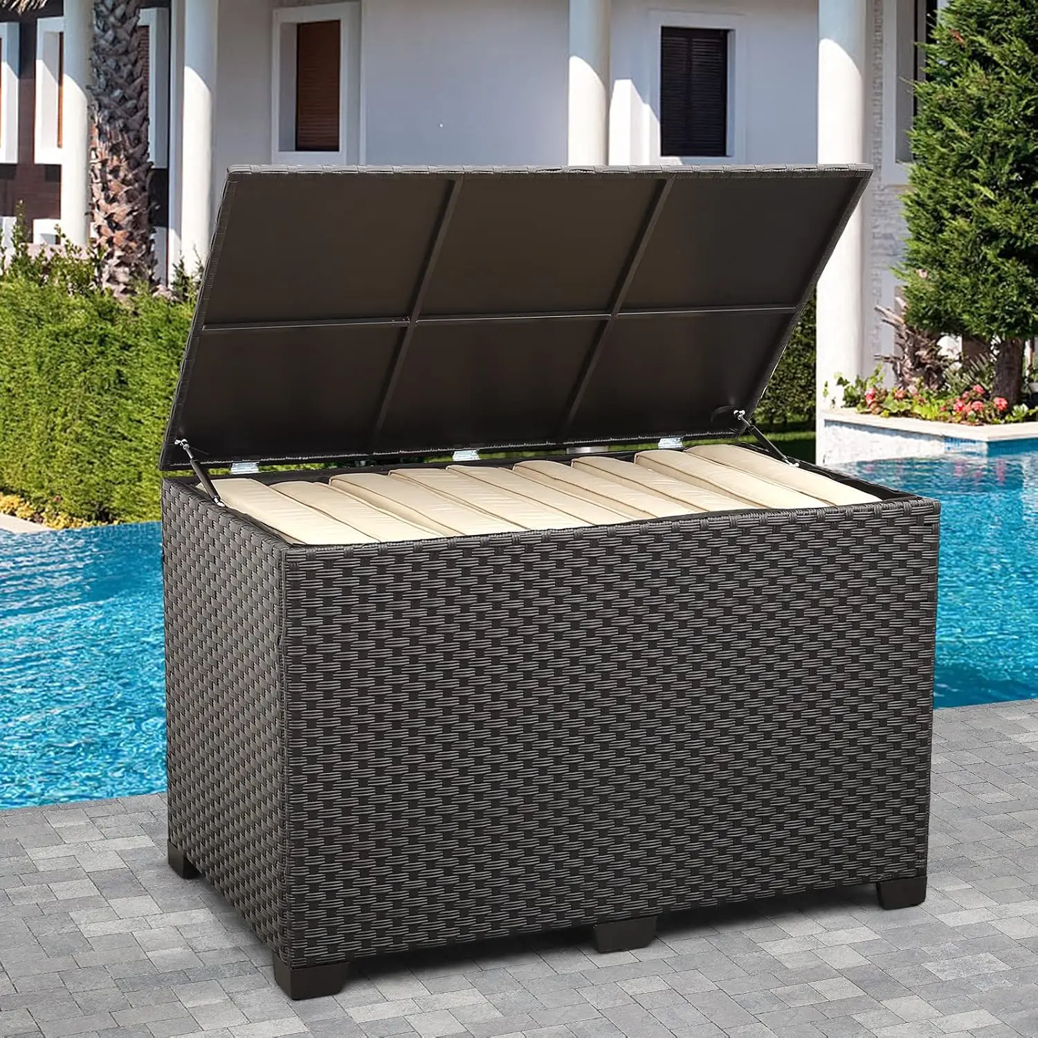 Outdoor Wicker Storage Box 150 Gallon Black Rattan Deck Bin with Lid Water-resistant Container for Patio Gardening Tools