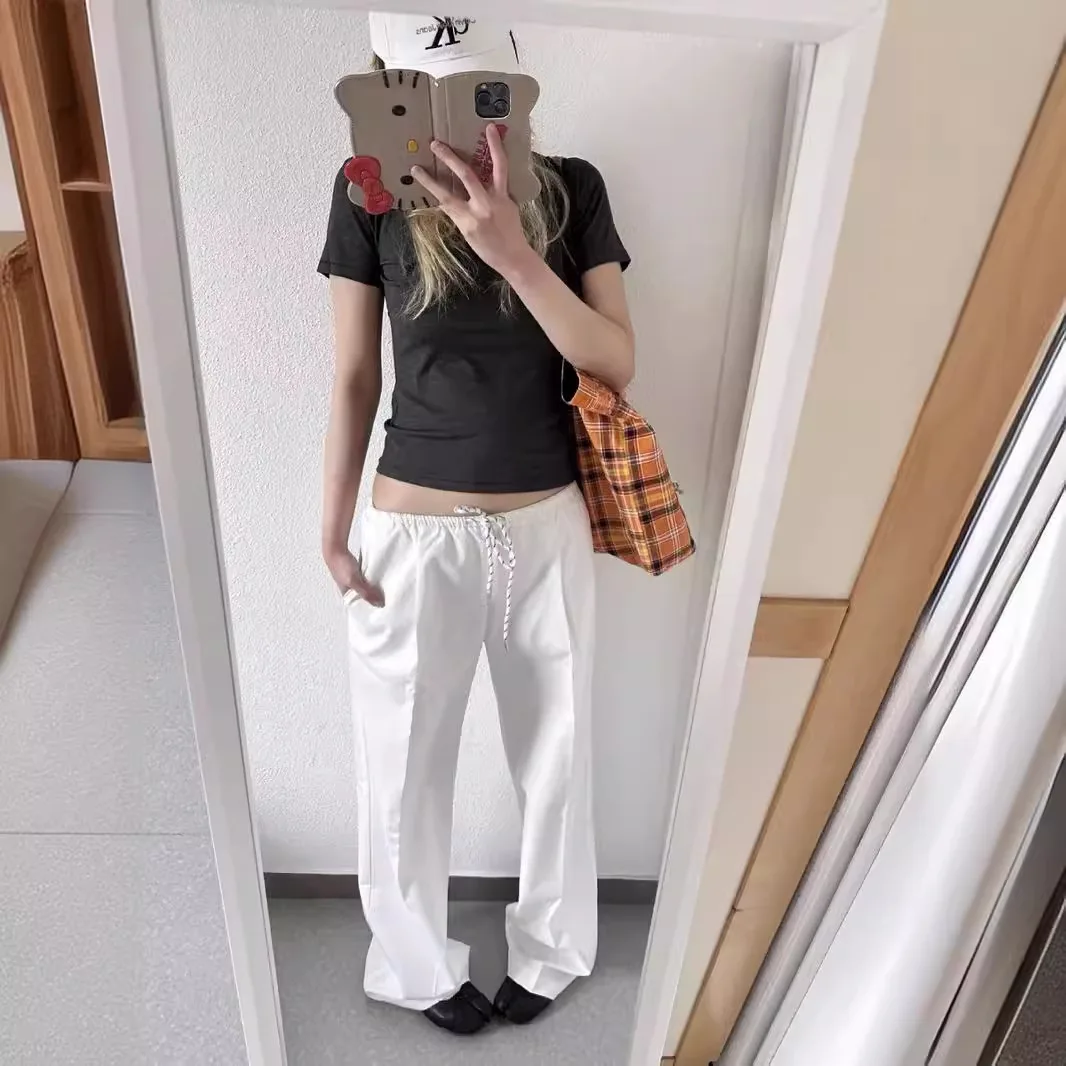 محايد الرياح رقيقة اللون الرباط شعور الهواء فضفاض عارضة السراويل النسائية السراويل المستقيمة الساق #2