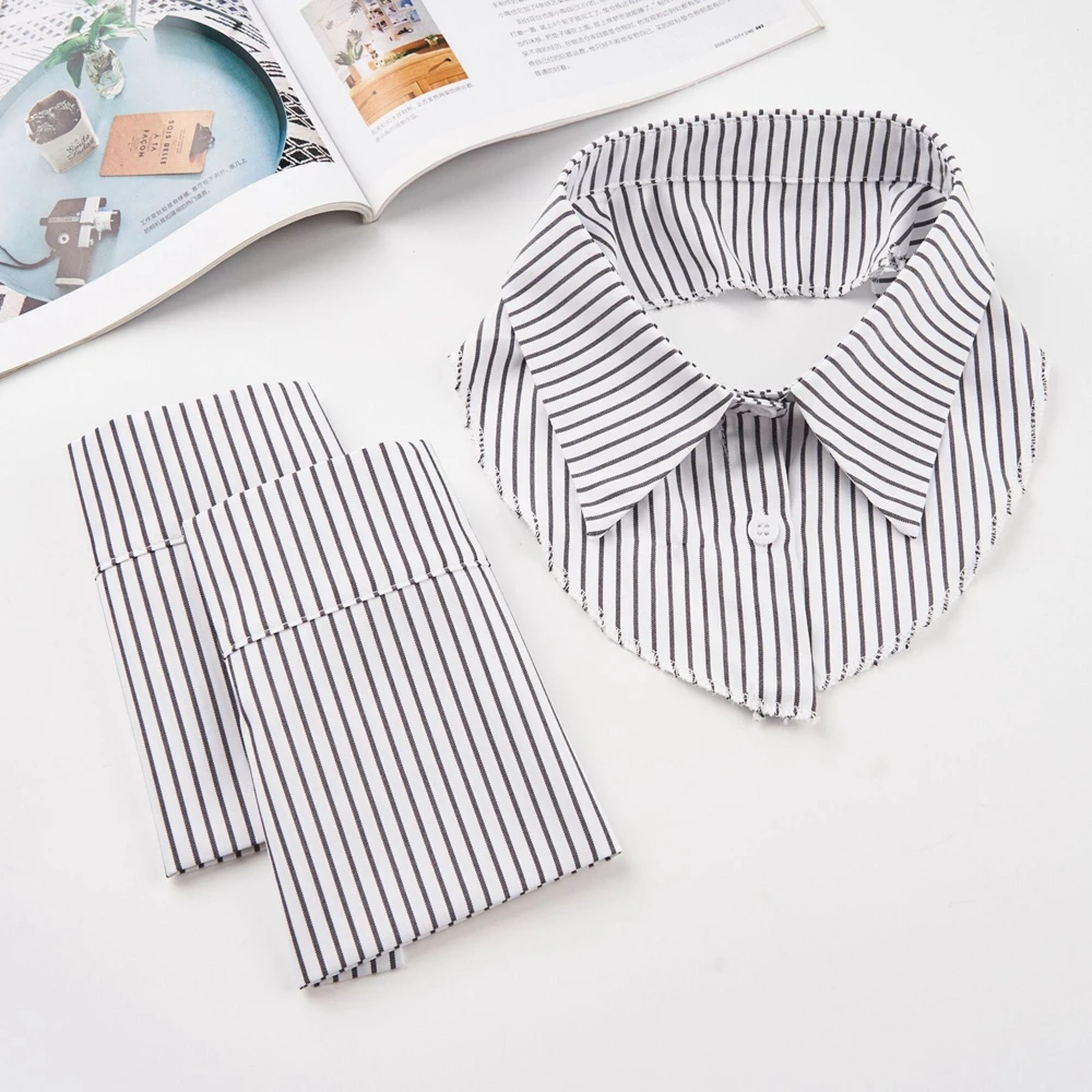 Women Detachable Fake Shirt Collar & Cuffs Set Solid Striped False Collar Dickey Removable Blouse Collar Neckwear for Sweater