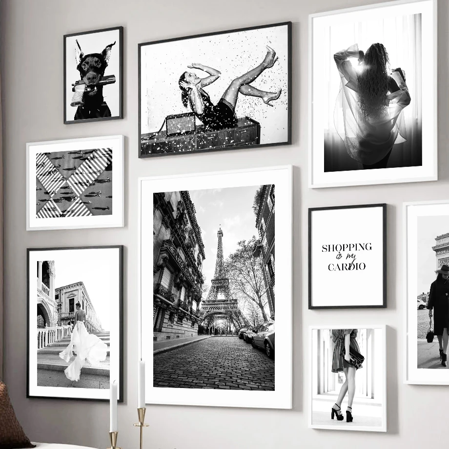 (2D Canvas Painting) Paris Tower Fashion Girl Star Dog Black White Photos Posters Wall Art Canvas Prints Painting Picture for