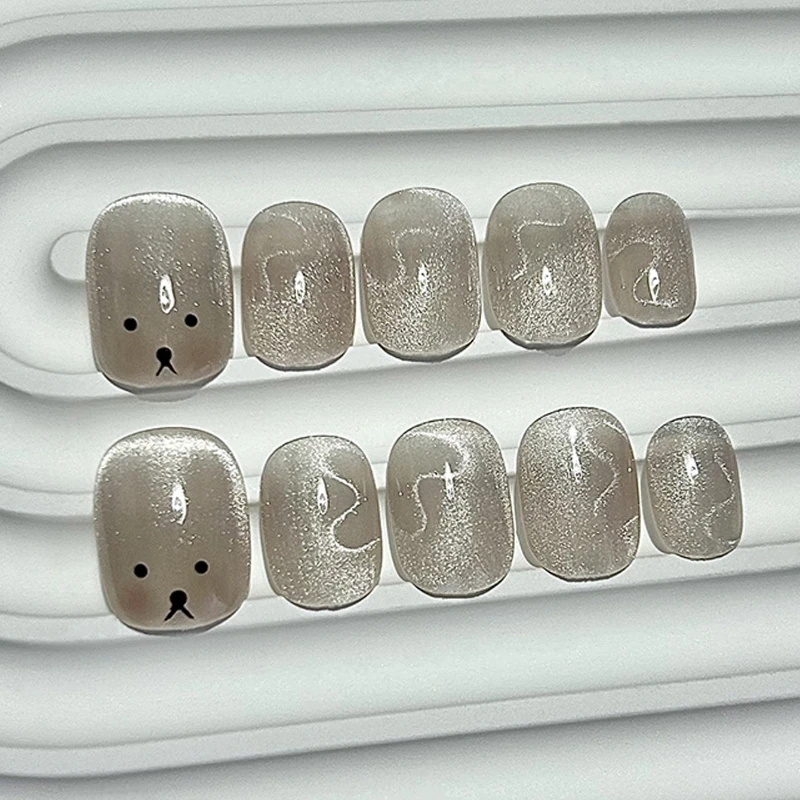 10 Pieces Sweet and Cute Daily Short Handmade Press On Nails Shiny Cat Eye Heart Puppy Fake Nails Removable Reusable