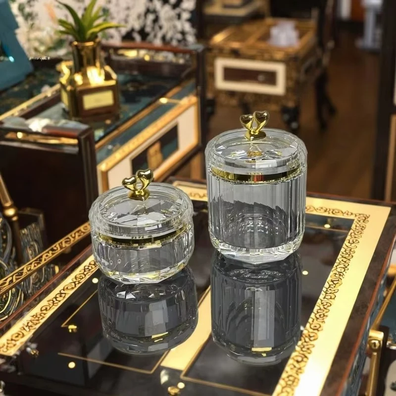 Solid color crystal storage jar transparent gold metal candy jar women's small jewelry box indoor desktop home decoration