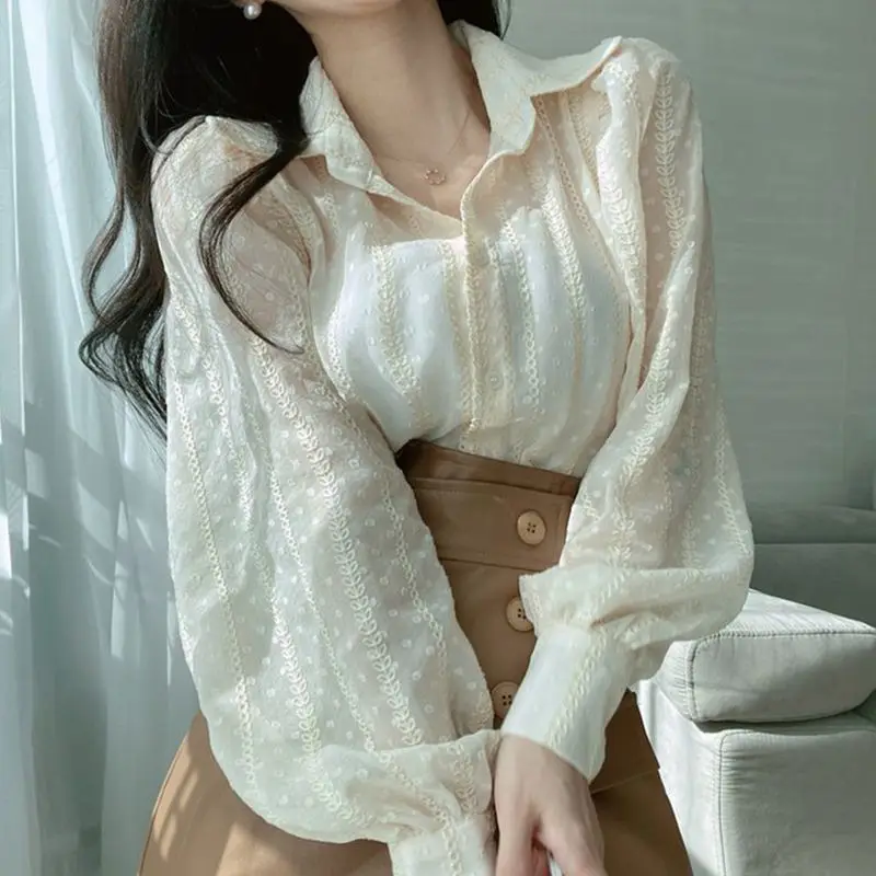 

Long Sleeve Shirts Womens Chiffon Ruffled Slim Fit Blouse Lace-Up Romantic Feminine Sweet Korean Style Daily Look Comfortable