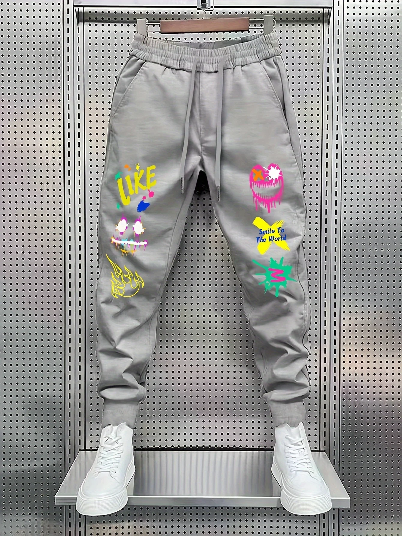 Colorful graffiti grimace flame splatter custom quote double‑leg graphic print sweatpants men hip hop sports jogger trousers