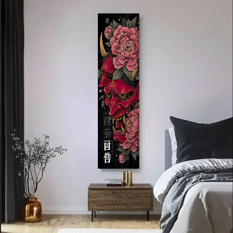 40x150cm Japanese Ukiyo Red Hannya Oni Mask Peony Flower Vertical Tapestry Black Background Kanji Print Narrow Oriental Wall