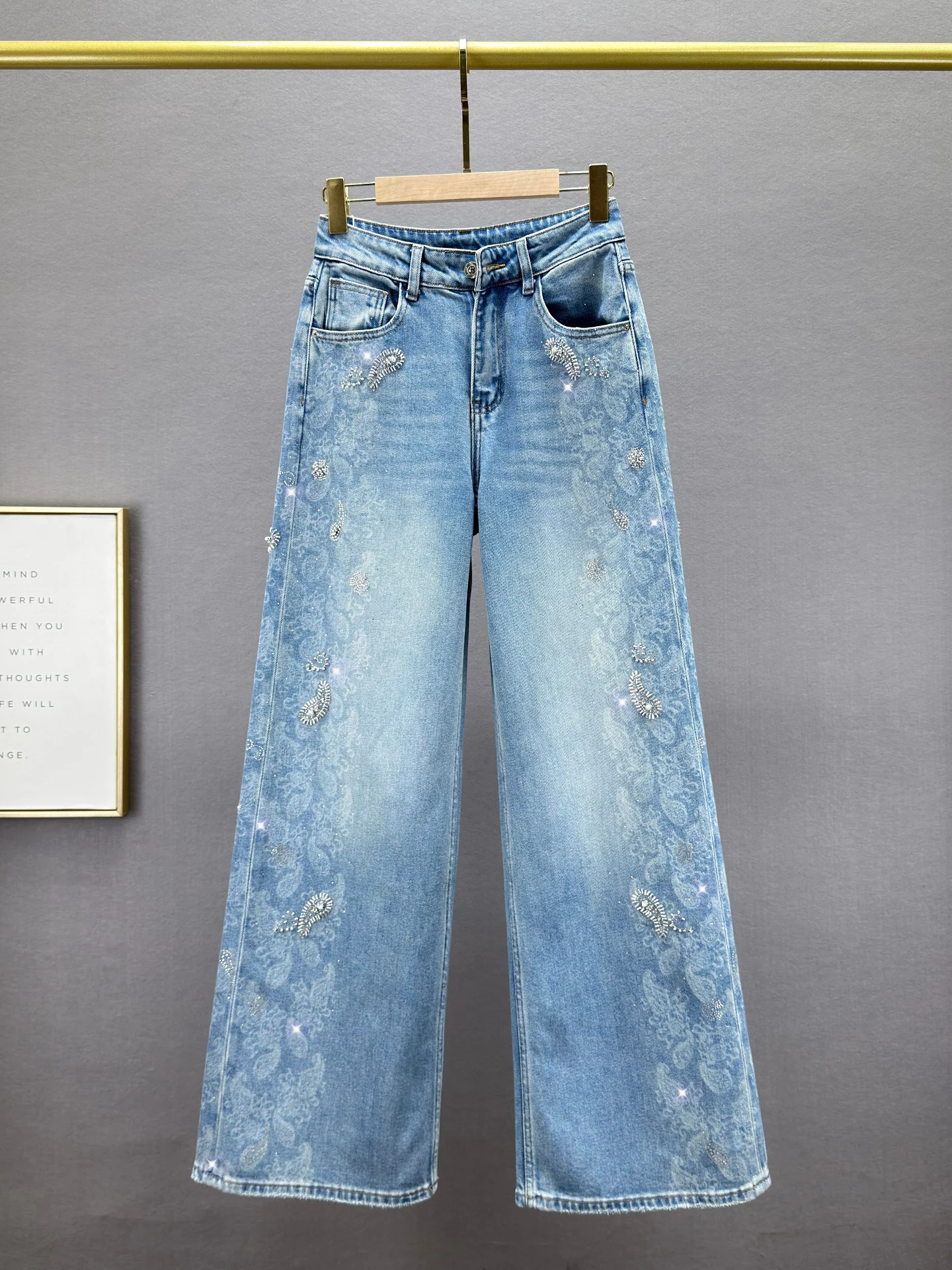 

Retro High Waist Wide Leg Jeans Women's Spring New Loose Slimming Diamond Heat Transfer Floor Length Pants Cotton Stretch Denim