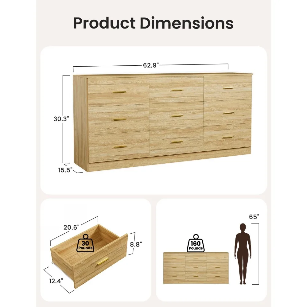 9 Drawer Dresser, 62.9