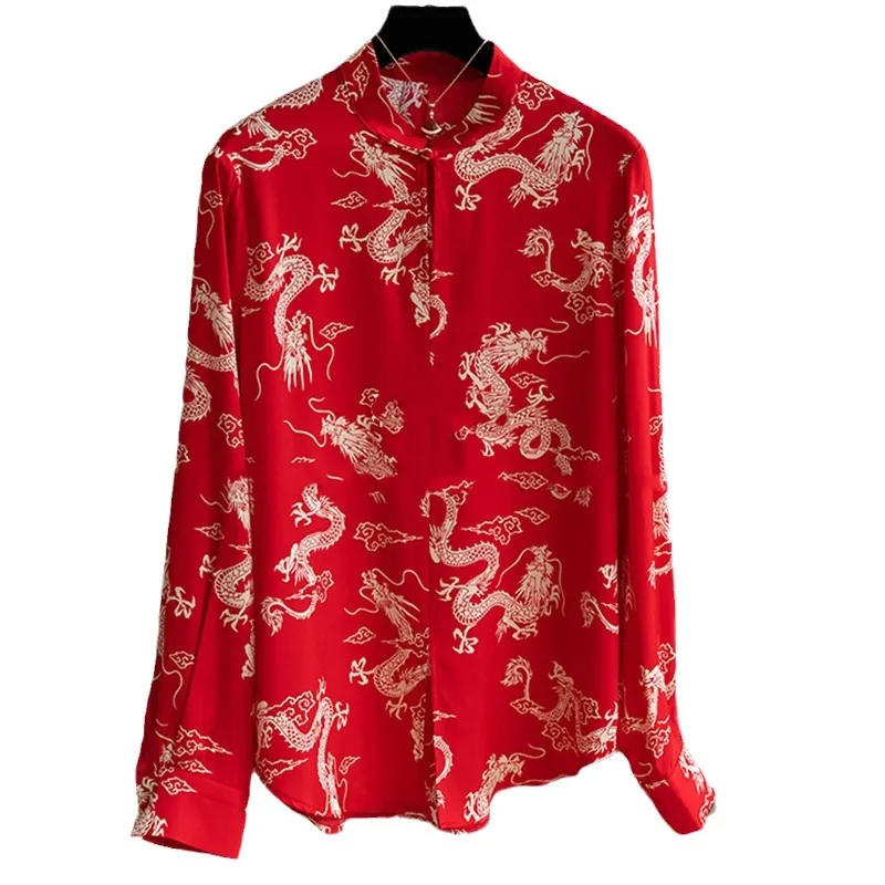 High Quality Hongyun Dragon Pattern Printed Silk Chinese Stand Up Collar Button Mulberry Silk Shirt Blouse Femmes Chemise Y2k