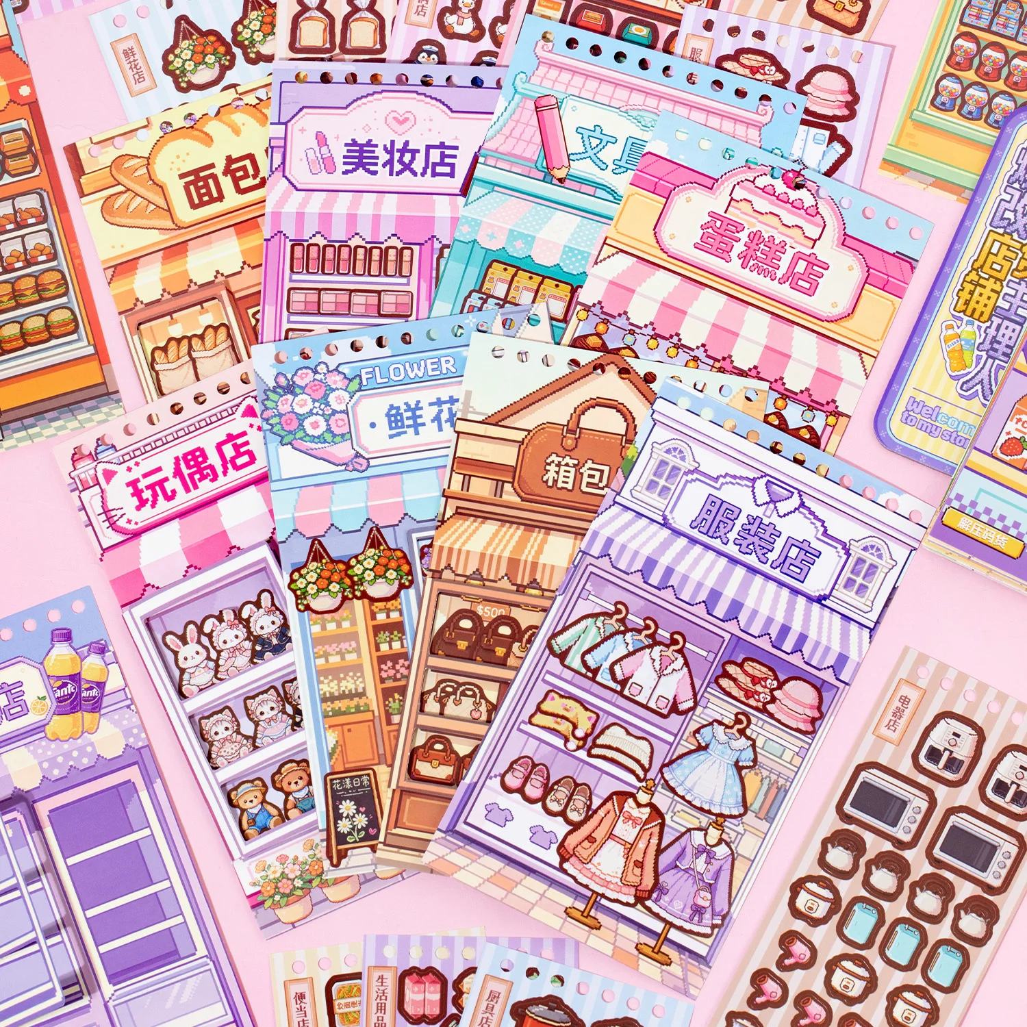 Kawaii Mini Shop Themed Coated Paper Stickers 20 Sheets, Pixel‑Style Store Decors for Hand‑Account DIY Decoration