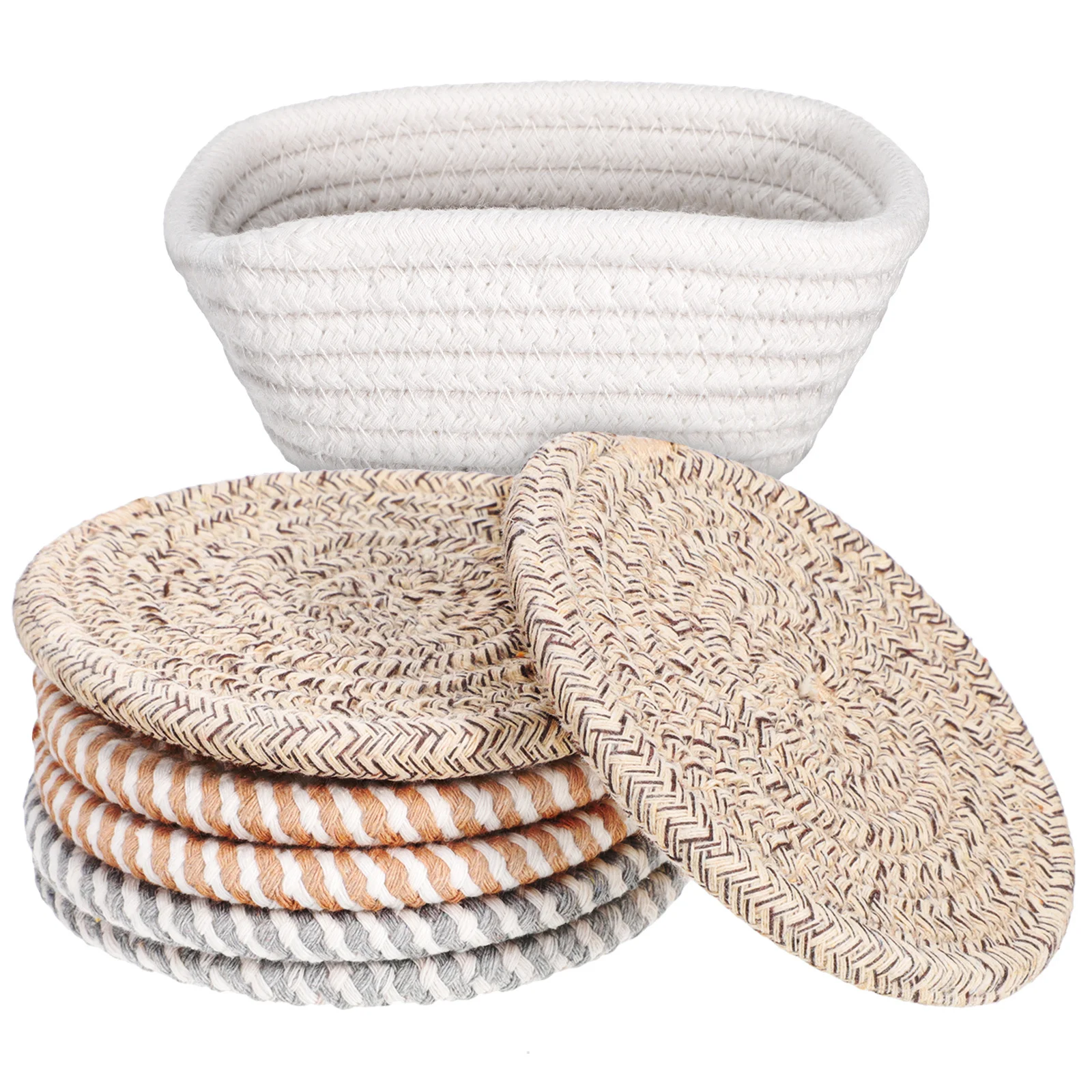 

1Set Boho Style Cotton Rope Coasters Round Woven Drink Protectors Absorbent Surface Savers for Home Office Decor with Storage