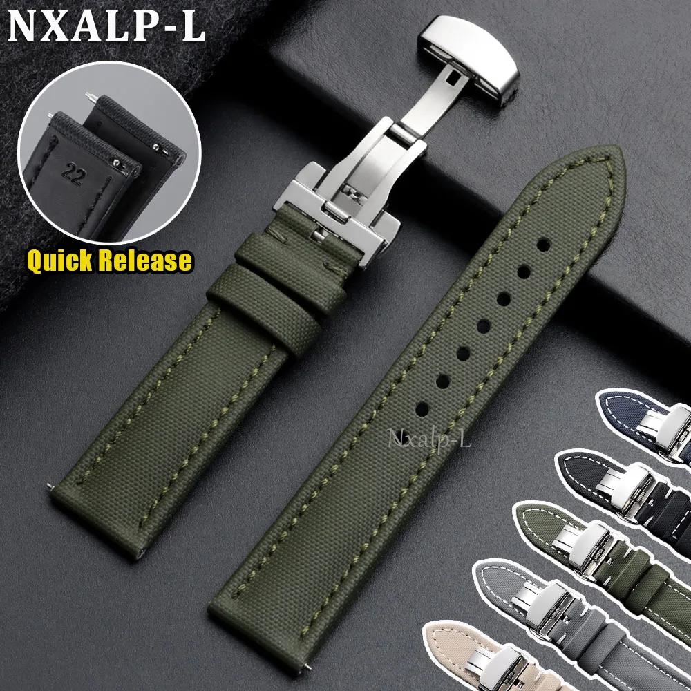 Waterproof Sailcloth Watch Band 18mm 19mm 20mm 21mm 22mm Durable Nylon Butterfly Buckle Bracelet Men Women Quick Release Strap