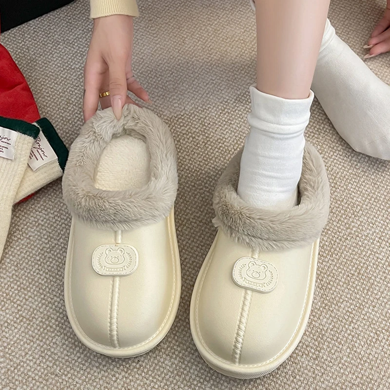 

Korean Outdoor Thick Bottom Plush Slippers Women Indoor Non Slip Waterproof Cotton Slippers Woman Comfort Soft Sole Slides Shoes