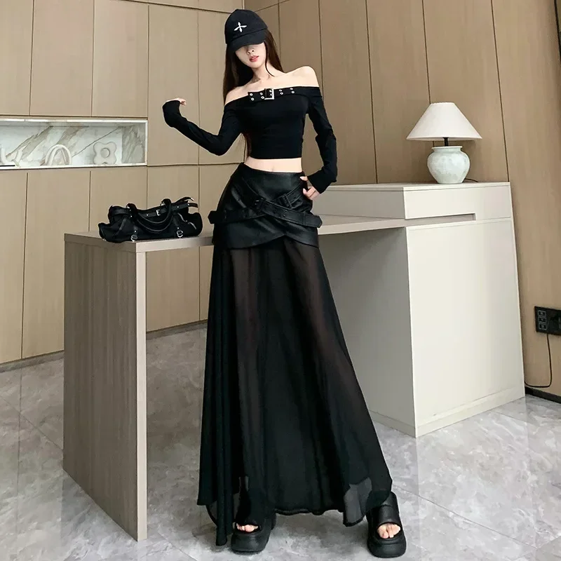 Pop Slimming Design Leather Skirt With Mesh Splicing Fish Tail Pleated Long A- Line Korean Style Versatile Half-length Women's S