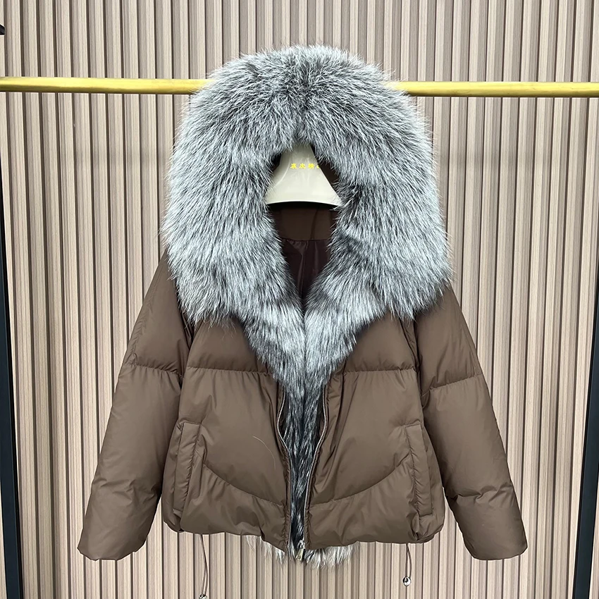 

2023 Women Goose Down Jacket Winter Natural Silver Fox Fur Collar Coats Outwear Female Coats Hooded Parka Puffer Jackets