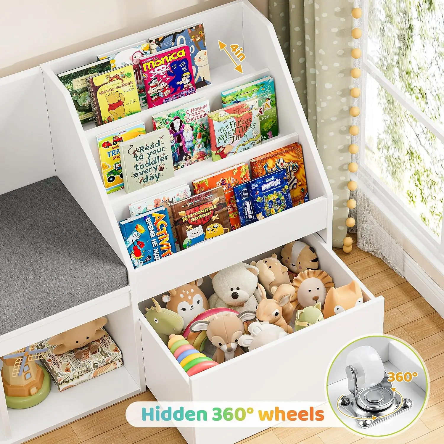 Kids Reading Nook Bookshelf Rolling Drawers White Paint Toy Storage Bench Side Nursery Playroom Organizer
