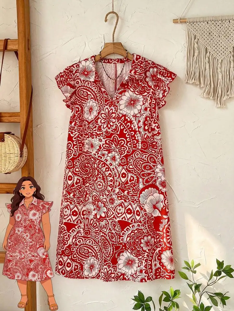 

Plus Size Women Floral Print Loose Casual Dress With Flutter Sleeves For Summer Vacation
