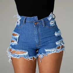 2024 Women's Sexy Y2K Ripped  High Waist Denim Shorts with Hollow Out Hole Irregular Tassel Blue Slim Streetwear Summer Fashion
