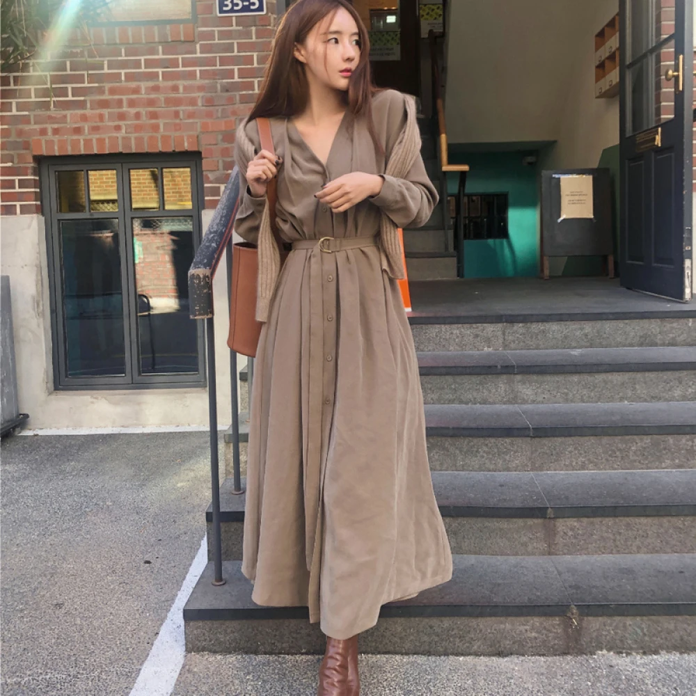 Spring Summer V Neck Folds Long Shirt Belt Dress for Women Long Sleeve High Waist A-line Midi Dresses Female