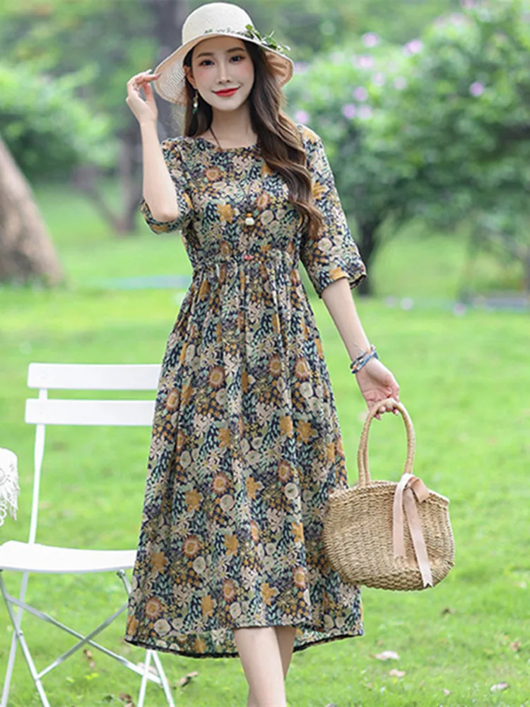 2024 New Arrival Print Floral Thin Light Soft Cotton Blend Prairie Chic Vintage Summer Dress Fashion Women Casual Midi Dress