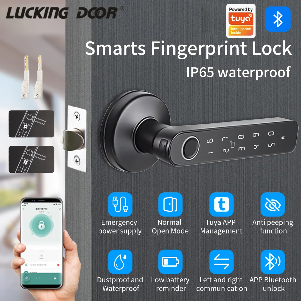 Support Tuya App BLE Smart Fingerprint Door Lock Digital Electronic Lock with Password/Key/IC Card/ Smartlife/ Tuya APP Unlock