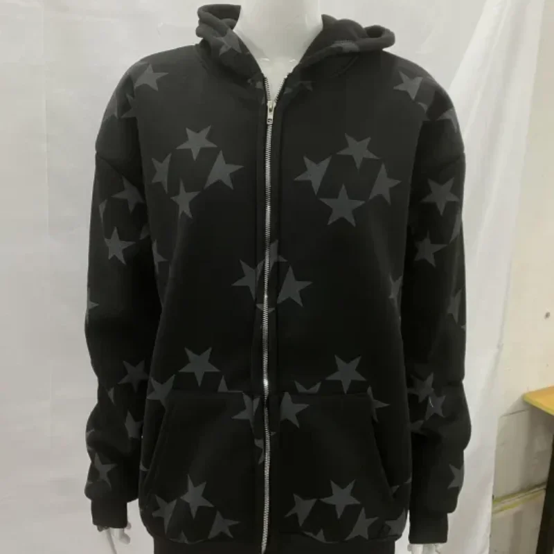 Europa Amerikanischen High Street Star Print Lose Beiläufige Mode Strickjacke Zipper Mit Kapuze Sweatshirt Mantel Herbst Winter männer frauen
