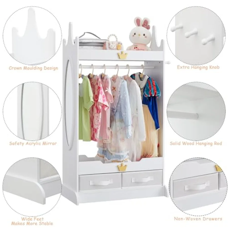 خزانة ملابس مع مرآة مفتوحة مع أدراج غير منسوجة ورف معلق للأطفال الصغار مثالية لغرفة اللعب