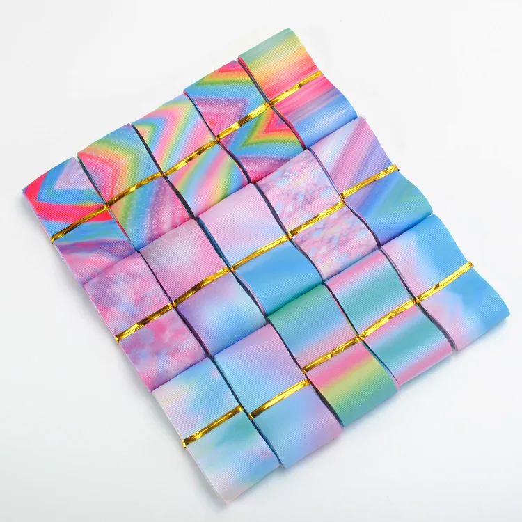 

38mm/1.5'' Mixed Random Rainbow Gradient Printed Grosgrain Ribbon Set,1 Yard of Each Design