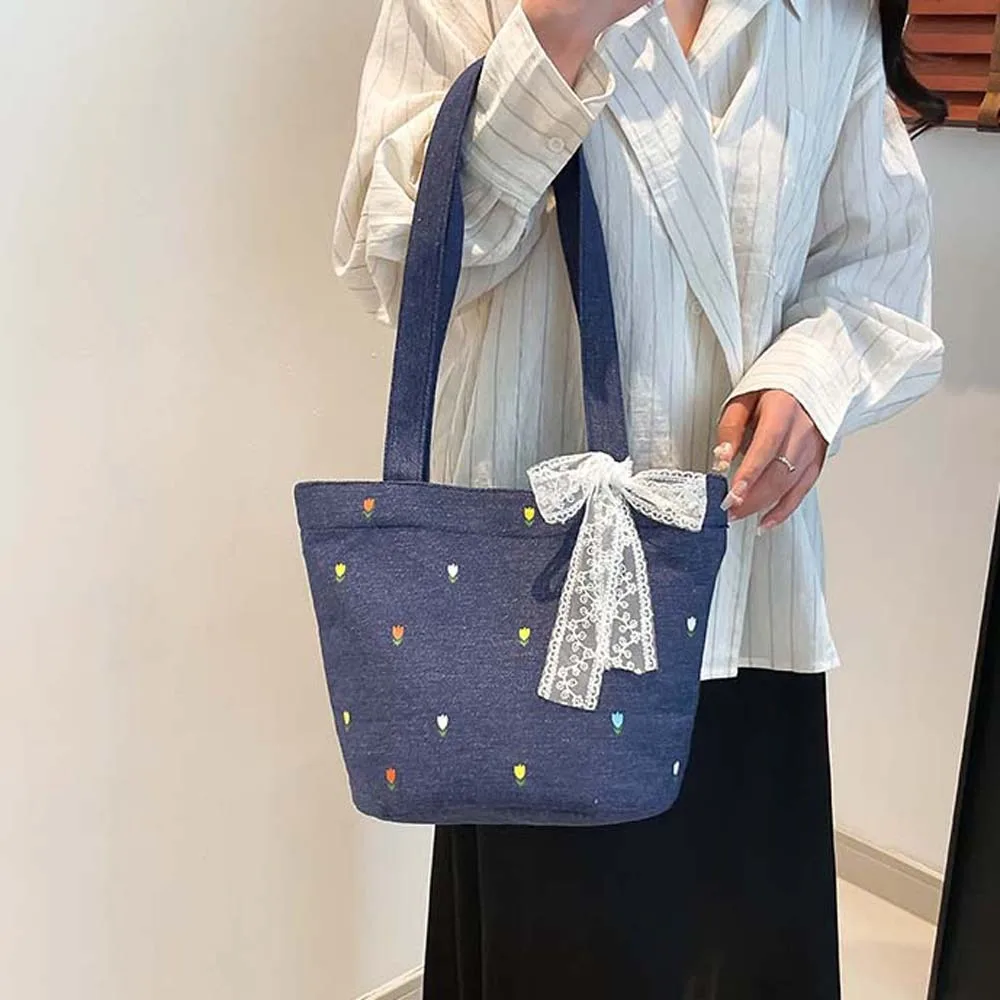 

Retro Denim Bucket Bag Lace Ribbon Large Capacity Women Bucket Handbag Korean Style Polyester Embroidery Shoulder Bag School