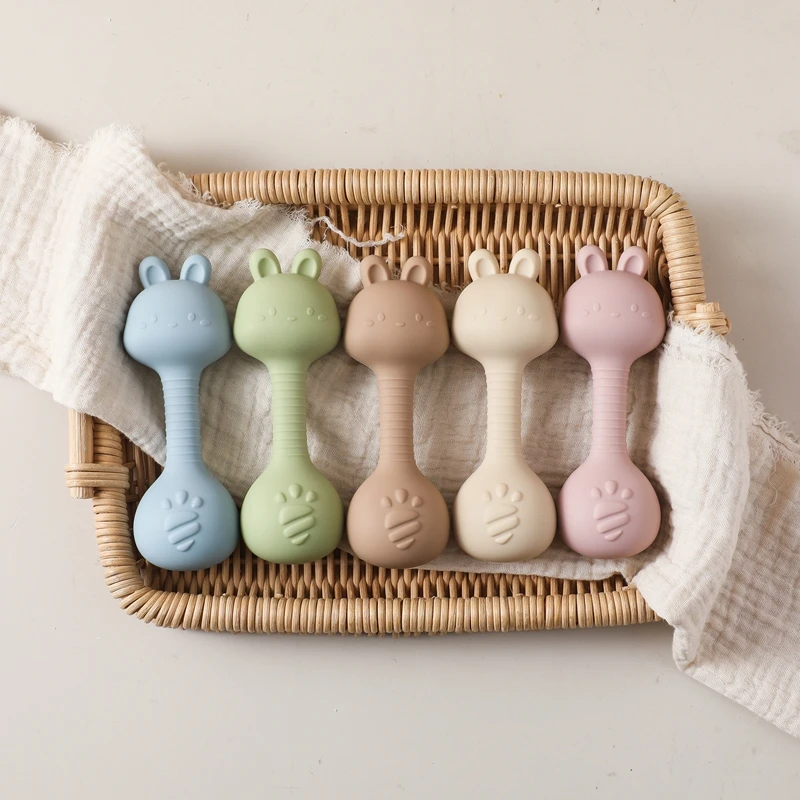 Silicone Rattle Teeth Toy 0-12 Months Baby Teething Chewing Toys Cartoon Rabbit Touch Sound Sensory Teething Gifts For Newborns