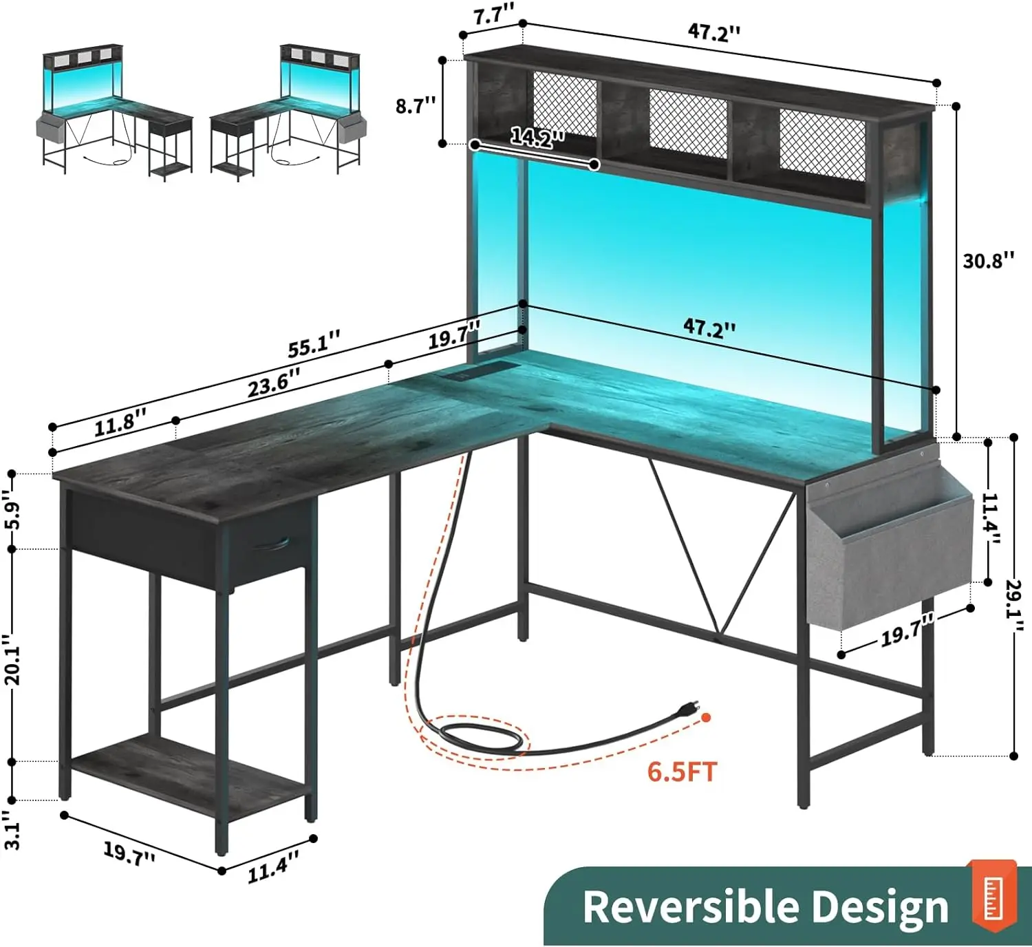 L Shaped Desk Gaming Desk with LED Strip & Power Outlet, Reversible L-Shaped Computer Desk with Storage Shelf & Drawer