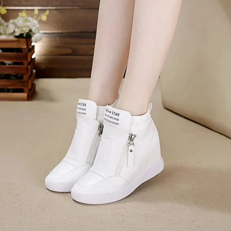 Novo alto superior feminino tênis primavera outono novo salto escondido sapatos casuais lado zip feminino plataforma branca cunha rebite sapatos