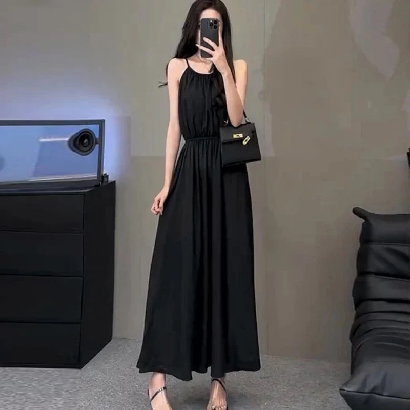 Summer Sexy Sleeveless Black Dress Halter Women's Waist Hollow Long Beach Dress