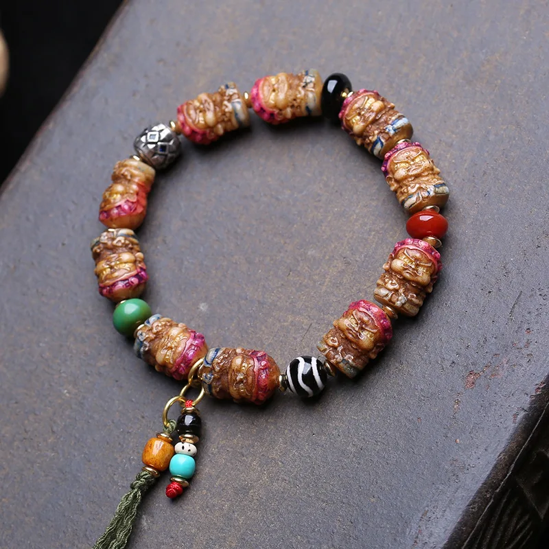 Bone Yellow God Of Wealth Bracelet Men, Single Strand, Colorful Painted Carved Agate, Pattern Dzi Beads, Turquoise Dis