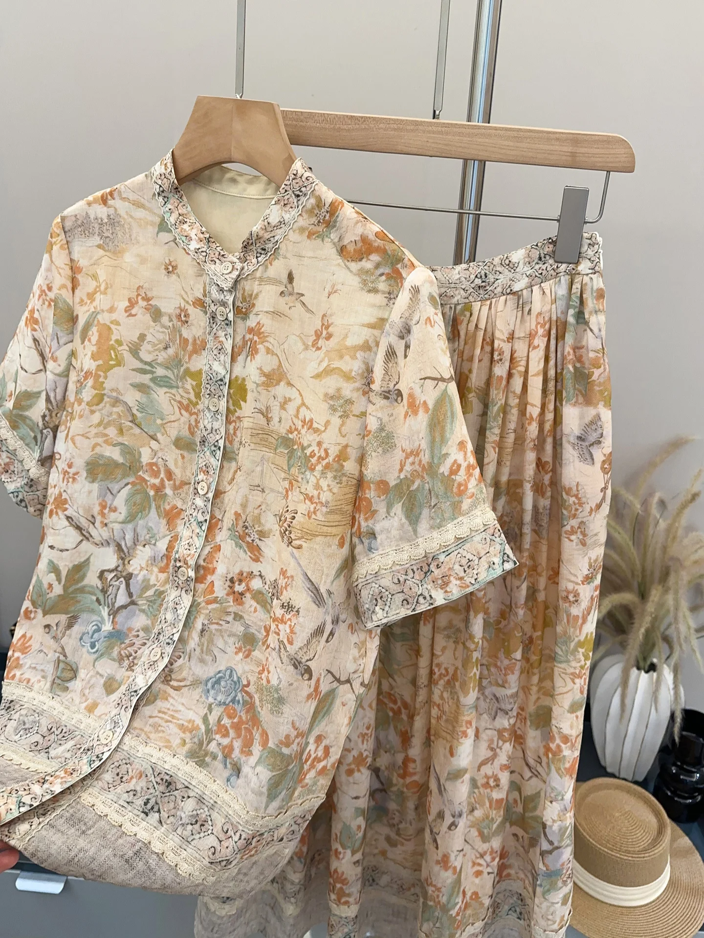 Retro Vacation Style Set Unique Beautiful Floral Bird Print Short Sleeve Top Half Skirt Breathable Cotton Summer Fashion Wome...