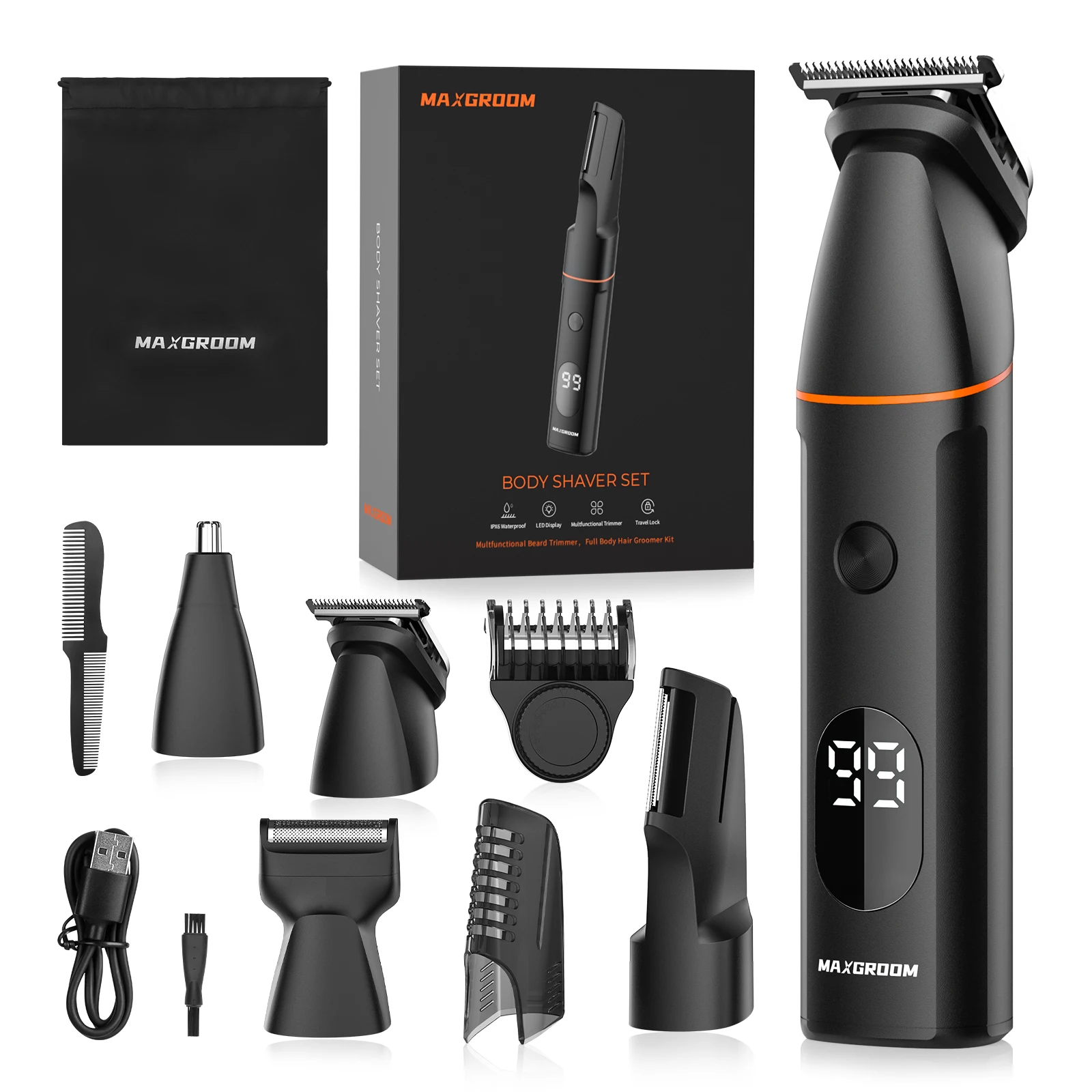 MAXGROOM Manscape recortador de pelo corporal 4 en 1 IPX6 impermeable Kit de aseo eléctrico para afeitado púbico y ingle para hombres recortador de barba y nariz