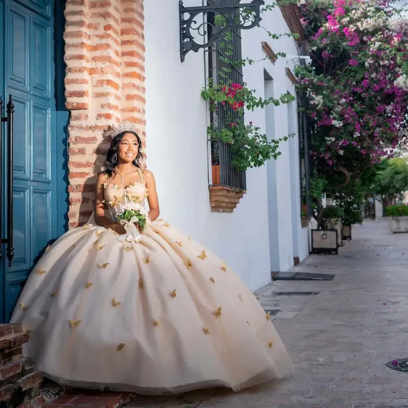 تخصيص ضوء الشمبانيا قبالة الكتف Quinceanera فستان تول فراشة الديكور القوس vestidos دي 15 Quinceanera ﻿