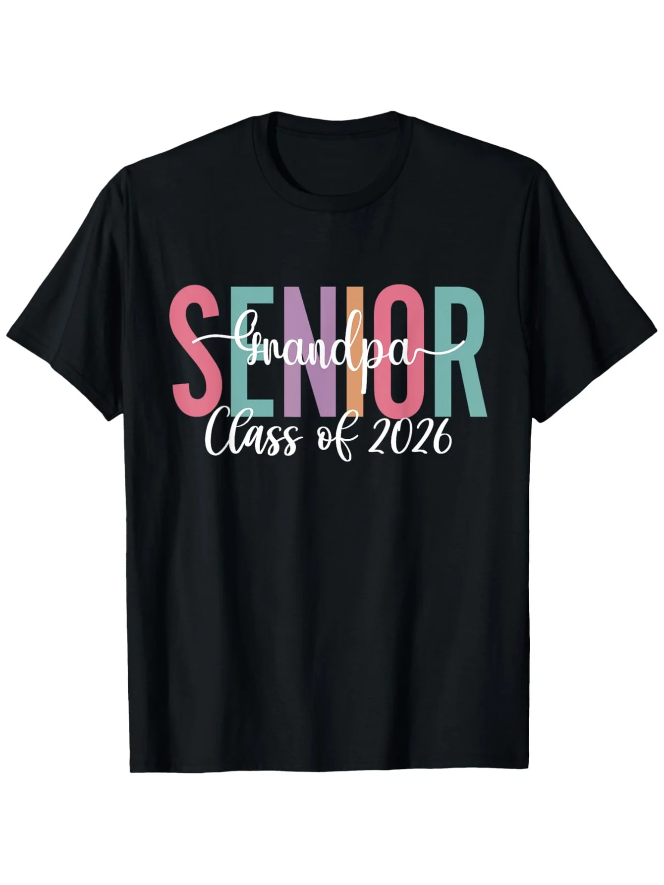 Trendy Men's Black Graphic T-Shirt Colorful Senior Grandpa Class of 2026 Bold Letter Print 100% Cotton Heavyweight Short Sleeve Casual Streetwear Tee