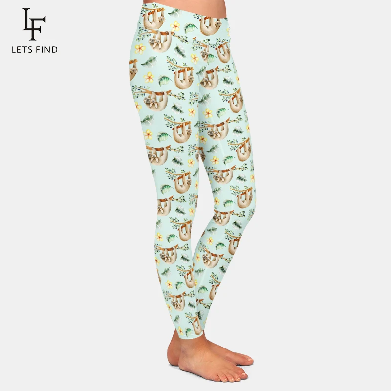 LETSFIND 2019 Women Leggings 220gsm Double Side Brushed Milk Silk Sloth Print High Waist Fitness Leggings