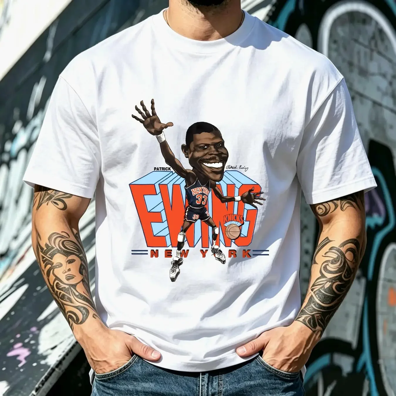 washed T Shirt Patrick Ewing Caricature Big Head Sport gray tee All sizes 2F1362 long sleeves vintage Washed Breathable