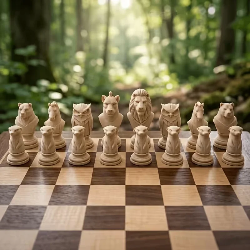 16 Pcs Animal-Themed Sculpted Chess Set with Sculpted Pieces Desktop Decorative Ornaments