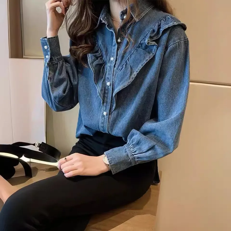 

Весенне-осенние женские новые джинсовые рубашки Y2k, джинсовое пальто с оборками, длинным рукавом-фонариком, свободная блузка с отложным воротником, повседневная офисная блузка