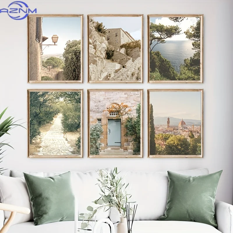 6pcs Italy Countryside Canvas Painting, Travel Poster and Prints Europe Wall Art, Living Room Decoration Bedroom Home Decor Pict