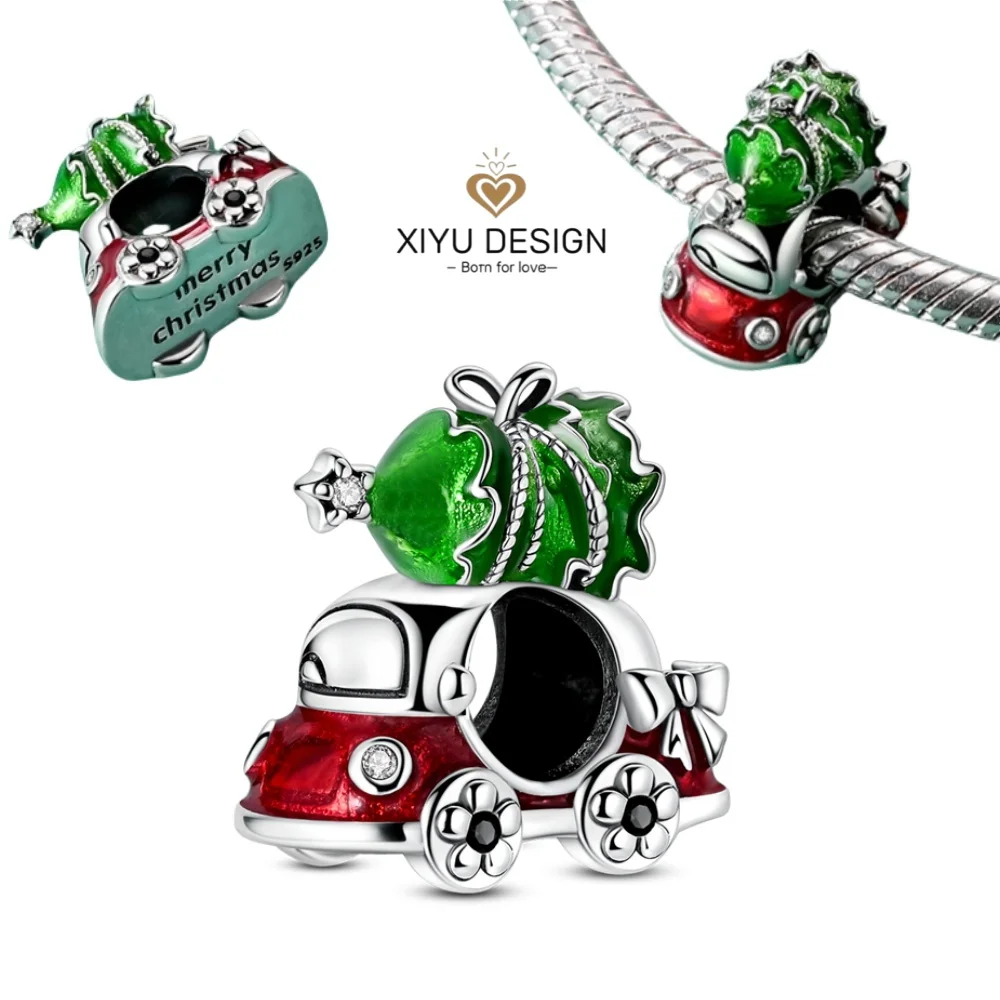 

2025 New 925 Sterling Silver Christmas Tree Red Car Charms Beads Fit DIY Bracelets Party Jewelry Festival Gifts for Girl