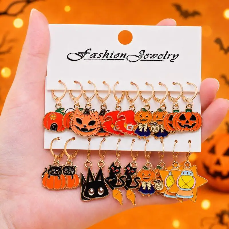 10 Pairs Halloween Dangle Earrings Set, Pumpkin Cat Witch Hat Lantern Drop Earrings for Women Party Costume Gifts
