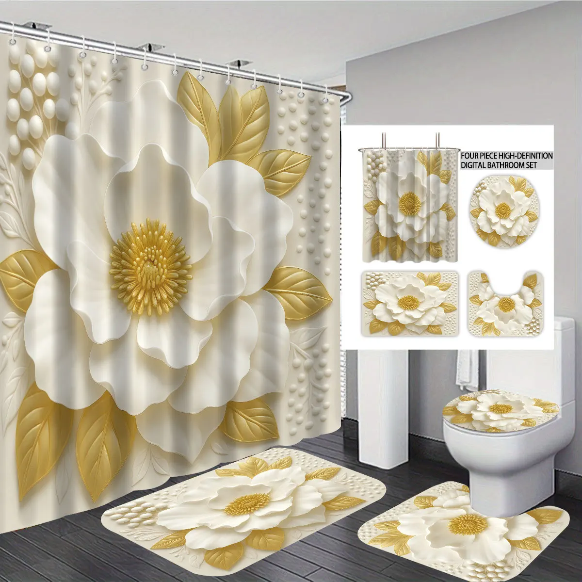 Polyester Shower Curtain, Floral Waterproof Quick Drying, Fade Mold Resistant, Washable Bathroom Decor Curtain with 12 Hooks