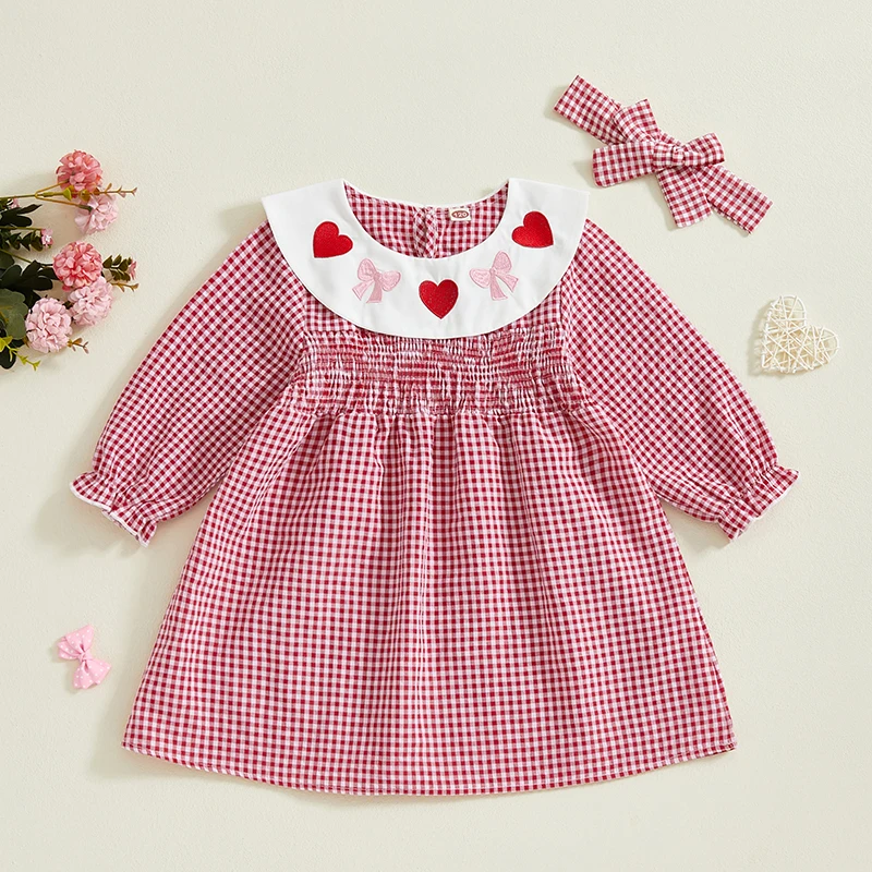 Girls Plaid Dress with Heart Bow Embroidery Smocked Doll Collar Long Sleeves and Princess Silhouette Complete with Hair Band