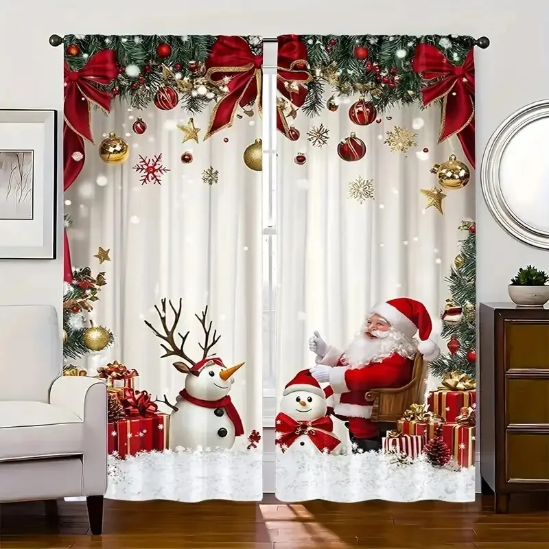 2PCS Christmas Curtains Santa Claus Snowman Gift Box Xmas Ball Digital Print Window Drapes for Living Room Bedroom Holiday Decor
